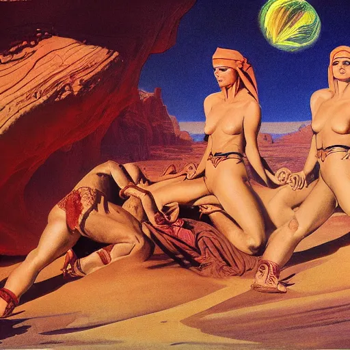 Image similar to Silk sheet desert ecstasy Bedouin under crimson azure diamond sky, in the style of Frank Frazetta, Jeff Easley, Caravaggio, extremely clear faces coherent, clear lines, 8K revolution