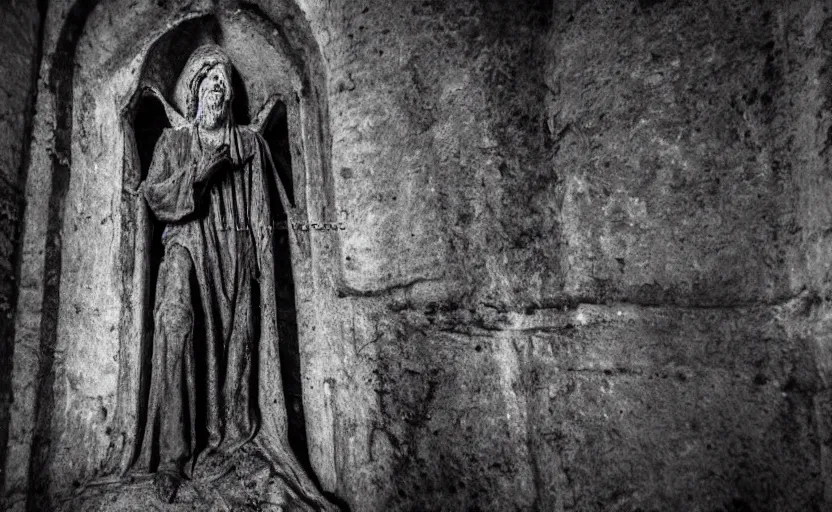 Prompt: decrepit creepy statue of the archangel gabriel staring at the camera, alone in a cavernous dark old catacomb, realistic, pitch black, depth of field, wide shot, sinister, bad lighting, foreboding, blurry, grainy photo