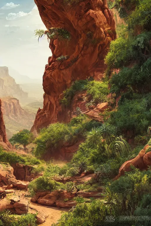 Image similar to beautiful utah desert, rock arcs, lush vegetation, exotic forrest and plants, landscape, alex ross, eddie mendoza, raphael lacoste, sebastian ludke, concept art, matte painting, highly detailed, rule of thirds, dynamic lighting, cinematic, detailed, magnificiant landscape, denoised, centerd