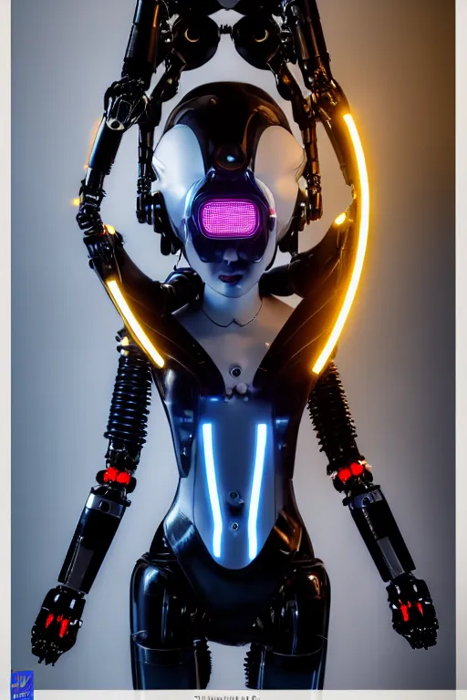 Image similar to cybernetic ultra high tech female robot with cat ears, neo - rococo, sci - fi, cyberpunk, high tech, futurism, exoskeleton, symmetry, cinematic, elegant, luxury, perfect light, perfect composition, dlsr photography, sharp focus, 8 k, ultra hd, sense of awe, highly detailed, realistic, intricate, science journal cover