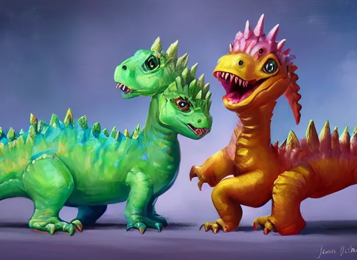 Image similar to concept art of cute candy dinosaurs, oil painting by jama jurabaev, extremely detailed, brush hard, artstation, for aaa game, high quality, brush stroke