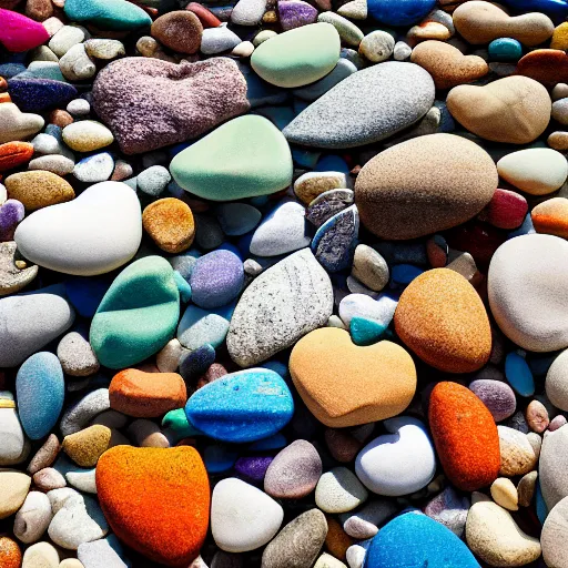 Image similar to sea shore of a pebble beach, pebbles are shaped like hearts, mate colors, sunny day, award winning photography, 4K