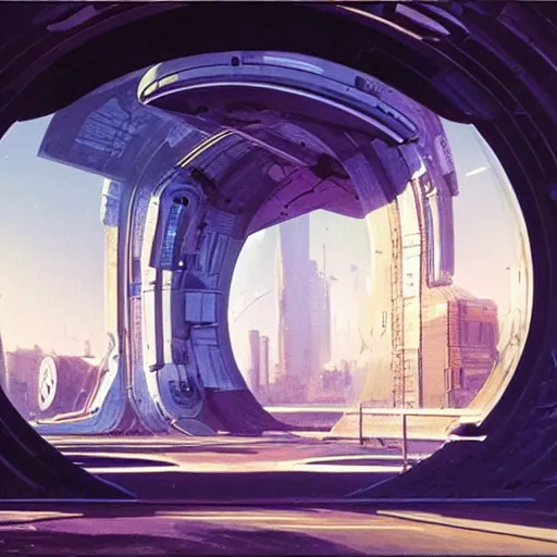 Image similar to circular derelict portal in a middle of a futuristic cityscape, world seen only through a portal, daylight, cinematic perspective, cinematic lighting, blue sky, syd mead, john harris