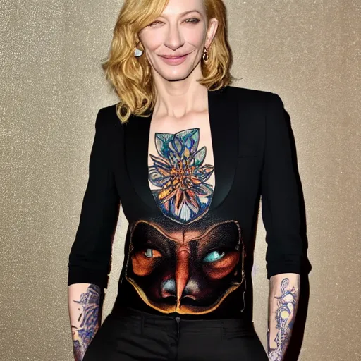 Image similar to full body tattooed cate blanchett, nose ring, 4k