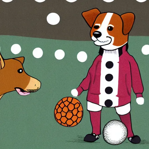 Image similar to illustration of french boy in paris playing football against a corgi, the corgi is wearing a polka dot scarf