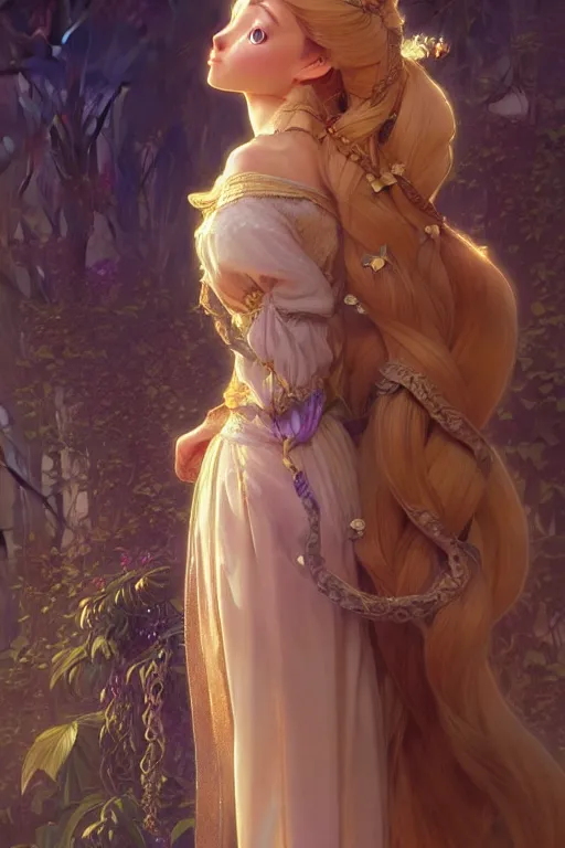 Image similar to Rapunzel, fantasy, intricate, elegant, highly detailed, digital painting, artstation, concept art, matte, sharp focus, illustration, art by Artgerm and Greg Rutkowski and Alphonse Mucha