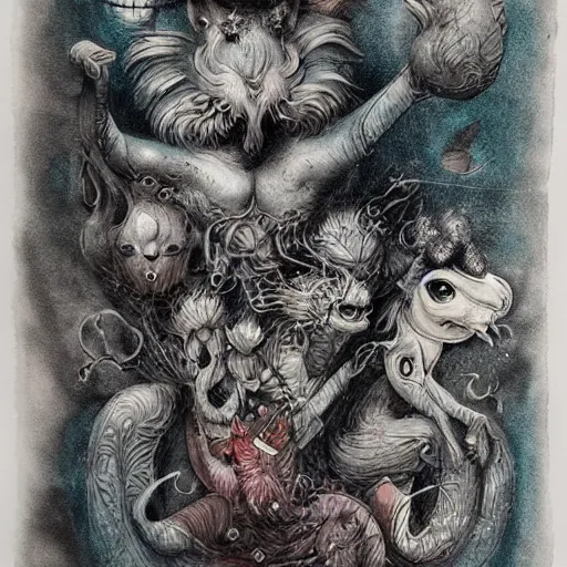 Prompt: strange mythical beasts of whimsy, surreal dark ink wash colllage by Ronny Khalil