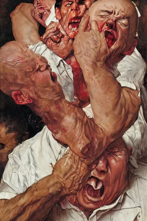 Image similar to portrait of a man enraged, part by Jenny Saville, part by Norman Rockwell