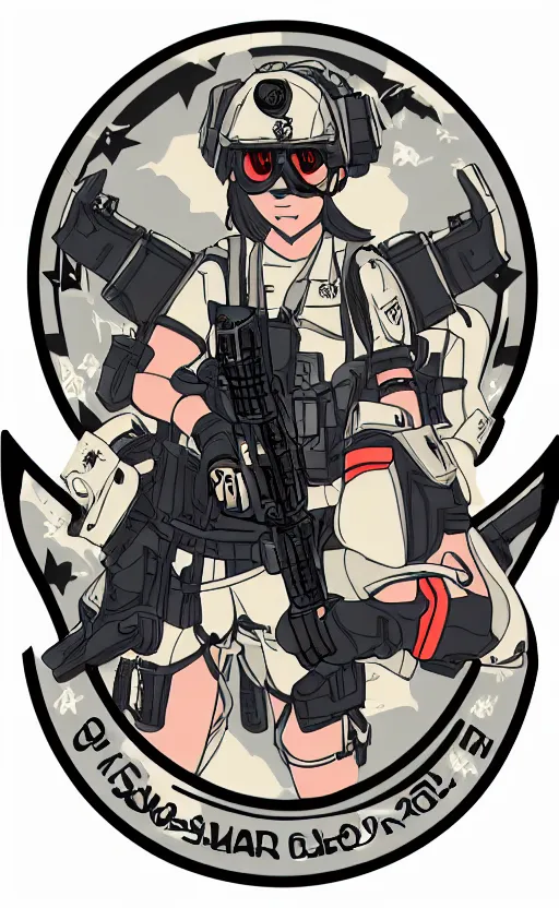 Image similar to patch design, soldier girl, 2022 anime, clean logo, insignia, soldier clothing, military gear, shirt designer, vector line art