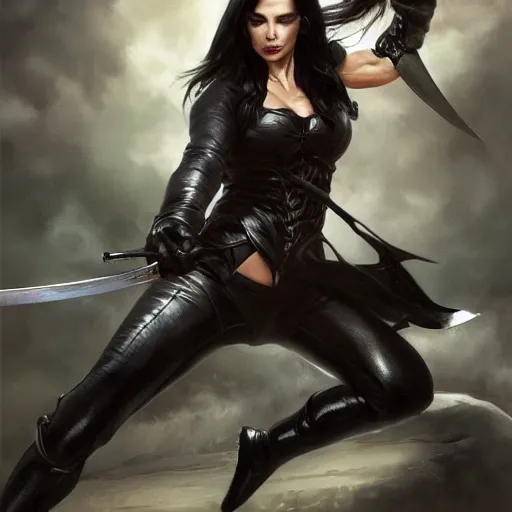 Image similar to an action photo of a black haired woman in a black leather jacket in a swordfight, muscular upper body, abs, d & d, fantasy, intricate, elegant, highly detailed, digital painting, artstation, concept art, smooth, sharp focus, illustration, art by artgerm and greg rutkowski and alphonse mucha