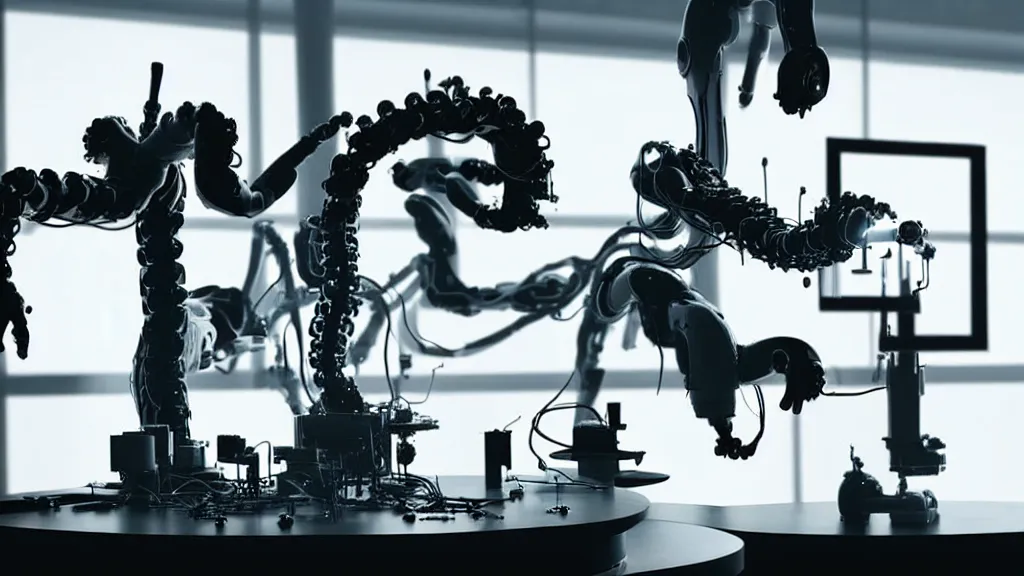 Image similar to a complex bifurcated robotic cnc surgical arm hybrid mri 3 d printer machine making black and white ceramic mutant forms in the laboratory inspection room, film still from the movie directed by denis villeneuve with art direction by salvador dali, wide lens