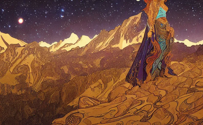 Prompt: mountains, stars and paisley filled sky, artstation, intricate, highly detailed, digital painting, concept art, sharp focus, illustration by Jean Claude Mézières and Alphonse Mucha