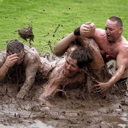 Prompt: 3 drunks fall over mud - wrestling