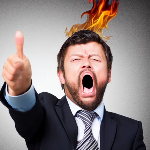 Image similar to stock photo of businessman screaming while pointing at fire