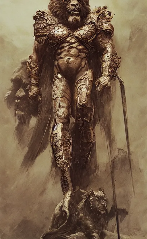 Image similar to hercules in lion ornamented armor, wearing cape, beksinski, hercules concept art, weta workshop concept art