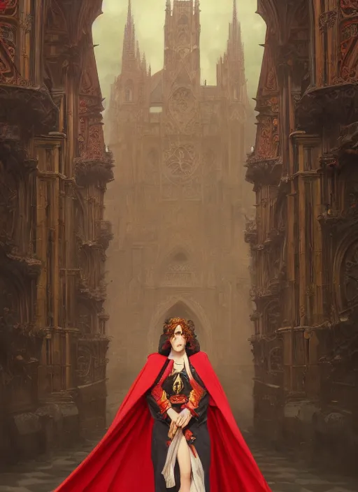 Image similar to A Full View of a Red Wizard wearing a robe and ornate armor in front of a gothic tower. masterpiece 4k digital illustration by Ruan Jia and Mandy Jurgens and Artgerm and greg rutkowski and Alexander Tsaruk and WLOP and william-adolphe bouguereau, award winning, Artstation, art nouveau aesthetic, Alphonse Mucha background, intricate details, realistic, panoramic view, Hyperdetailed, 8k resolution, intricate art nouveau