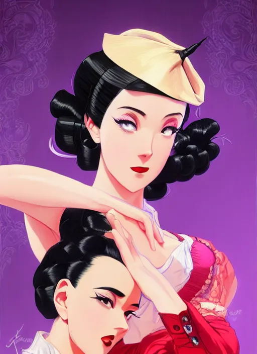 Image similar to a beautiful dancer with black hair in 1940's fashion, ballroom background, intricate, highly detailed, digital painting, artstation, official media, anime key visual, concept art, rich vivid colors, ambient lighting, sharp focus, illustration, art by Artgerm, Makoto Shinkai, Ilya Kuvshinov, Lois Van Baarle, and Rossdraws