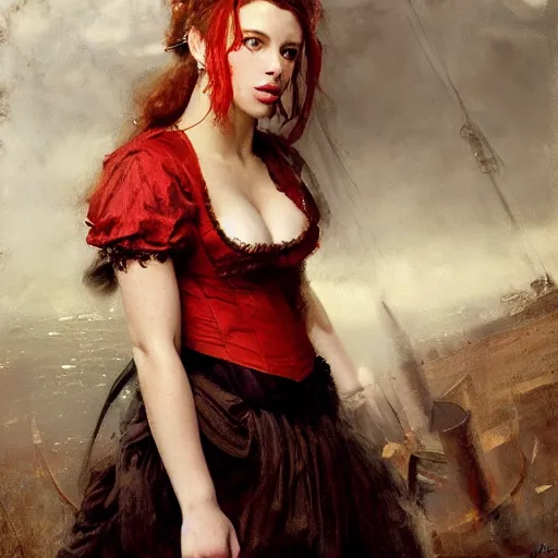 Prompt: solomon joseph solomon and richard schmid and jeremy lipking victorian genre painting portrait painting of a young beautiful scarlet johansson traditional german french actress model pirate wench in fantasy costume, red background