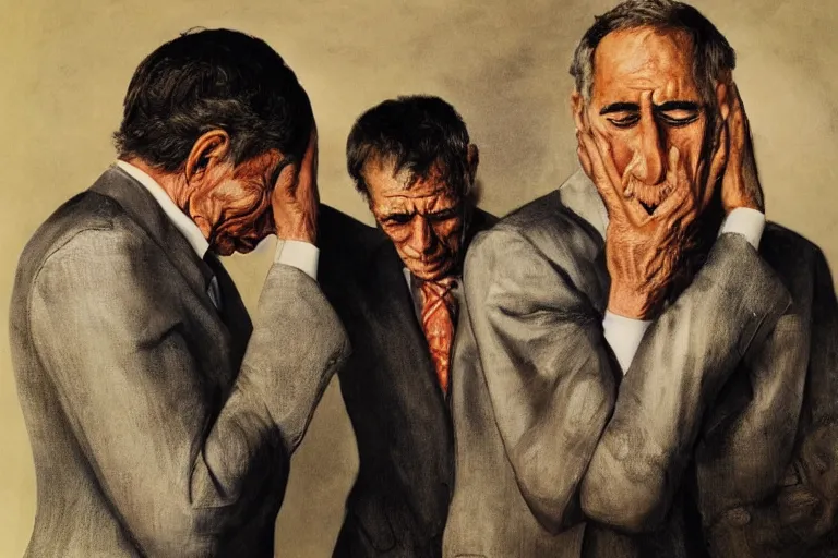 Image similar to a portrait of the three richest men in the world, crying. by anne leibovitz