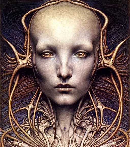 Image similar to detailed realistic beautiful young medieval alien robot grimez face portrait by jean delville, gustave dore and marco mazzoni, art nouveau, symbolist, visionary, gothic, pre - raphaelite. horizontal symmetry by zdzisław beksinski, iris van herpen, raymond swanland and alphonse mucha. highly detailed, hyper - real, beautiful