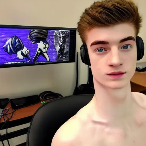 Image similar to “a realistic detailed photo of a guy who is an attractive humanoid who is half robot and half humanoid, who is a male android, twitch streamer Ninja Tyler Blevins, shiny skin, posing like a statue, blank stare, on a gaming chair streaming”