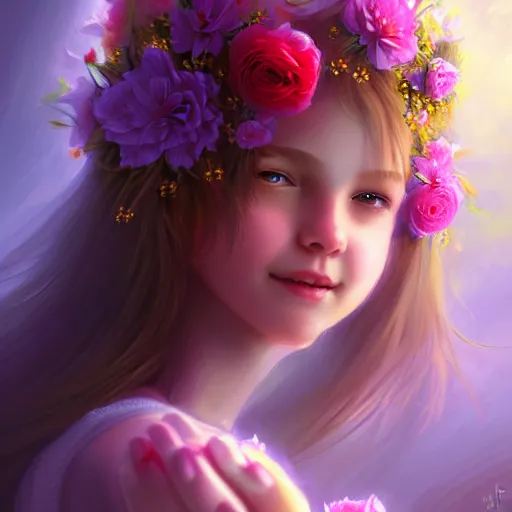 Image similar to happy young girl with flowers fantasy _ dramatic _ intricate _ elegant _ highly _ detailed _ digital _ painting _ artstation _ concept _ art _ smooth _ sharp _ focus _ illustration