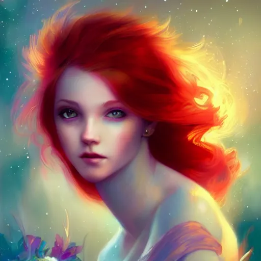 Image similar to colorful and Festive Captivating Fairy teenager with red hair, atmospheric lighting, painted, intricate, highly detailed by Charlie Bowater