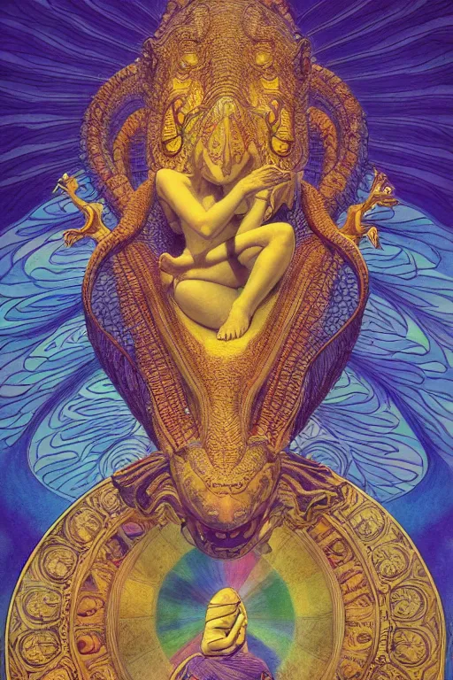 Prompt: beautiful crocodile headed god by maxfield parrish, mandala, coherent design, vivid colors, digital watercolor ink illustration painting, complementary color, golden ratio, detailed, sharp lines, sharp focus, intricate, rainbowshift, artgerm, gustave dore, alphonse mucha, octane render