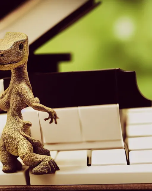 Image similar to a dinosaur playing a piano, photorealistic, bokeh, soft focus