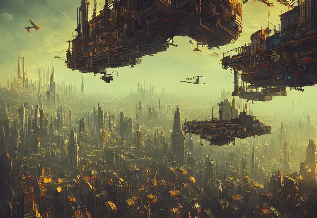 Image similar to flying city by alena aenami, city in the sky, buildings are flying, steampunk, digital art, 4 k, trending on artstation, impressive, epic composition, highly detailed, golden hour, no ground