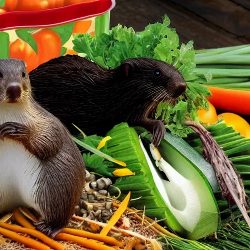 Prompt: real beaver and real duck sitting on vegetables