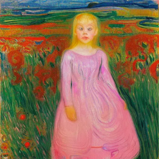 Image similar to by victor nizovtsev, by edvard munch ornamented. a computer art of a young girl with blonde hair, blue eyes, & a pink dress. she is standing in a meadow with flowers & trees.