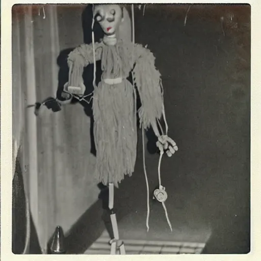 Prompt: female alive, creepy marionette puppet, leaping towards viewer, horrific, unnerving, clockwork horror, pediophobia, lost photograph, dark, forgotten, final photo found before disaster, human in the background polaroid,