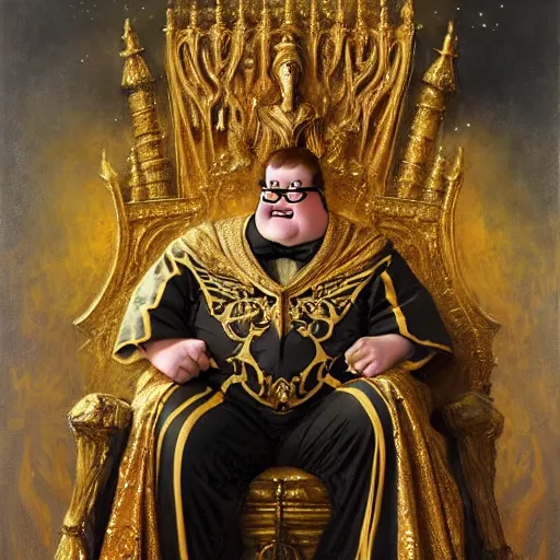 Prompt: perfectly centered portrait of peter griffin in gold gothic robe sitting on a throne of black bones, highly detailed painting by gaston bussiere, craig mullins, j. c. leyendecker, 8 k, mid shot