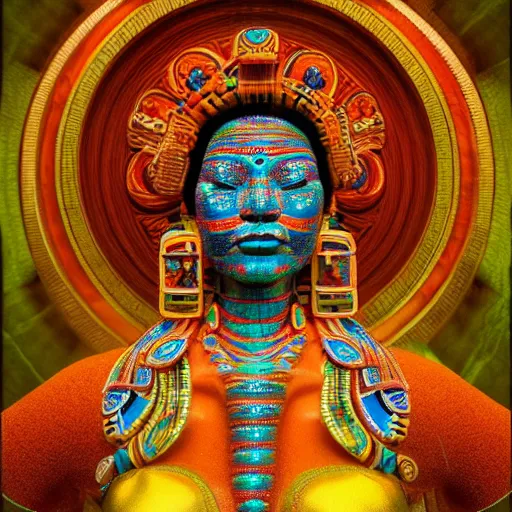 Image similar to Full body photo of the most beautiful mayan goddess, in the style of Peter Mohmacher and Mati Klarwein, trending on Artstation, digital art, symmetrical artwork, cinematic, hyper realism, high detail, octane render, 4k, 8k