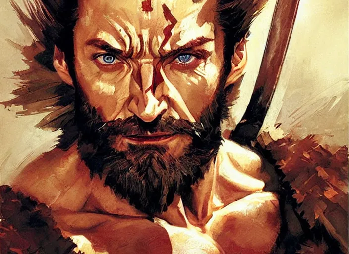 Image similar to a highly detailed beautiful portrait of hugh jackman as kratos, by gregory manchess, james gurney, james jean