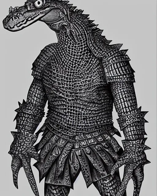Prompt: anthro crocodile crocman wearing tribal armor, artwork by kentaro miura, crocodile man, kentaro miura art