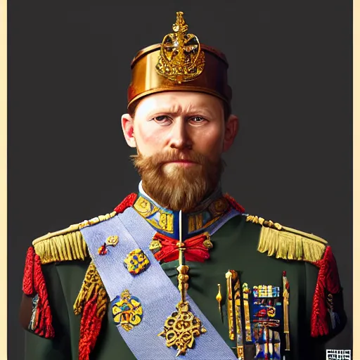 Prompt: hyperrealistic portrait of king olav of norway, highly decorated uniform, highly detailed, hyperrealistic, digital painting, artstation, concept art, smooth, sharp focus, illustration, cinematic lighting, art by artgerm and greg rutkowski and alphonse mucha