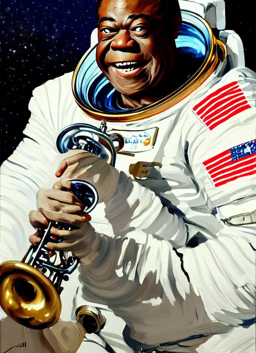 Prompt: a portrait of louis armstrong wearing a space suit on the moon, trumpet!!!, by greg manchess and john singer sargent and jonathan yeo, dramatic lighting, highly detailed digital painting