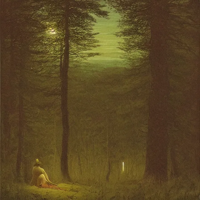 Image similar to painting of a woman lost in the woods by caspar david friedrich, at night