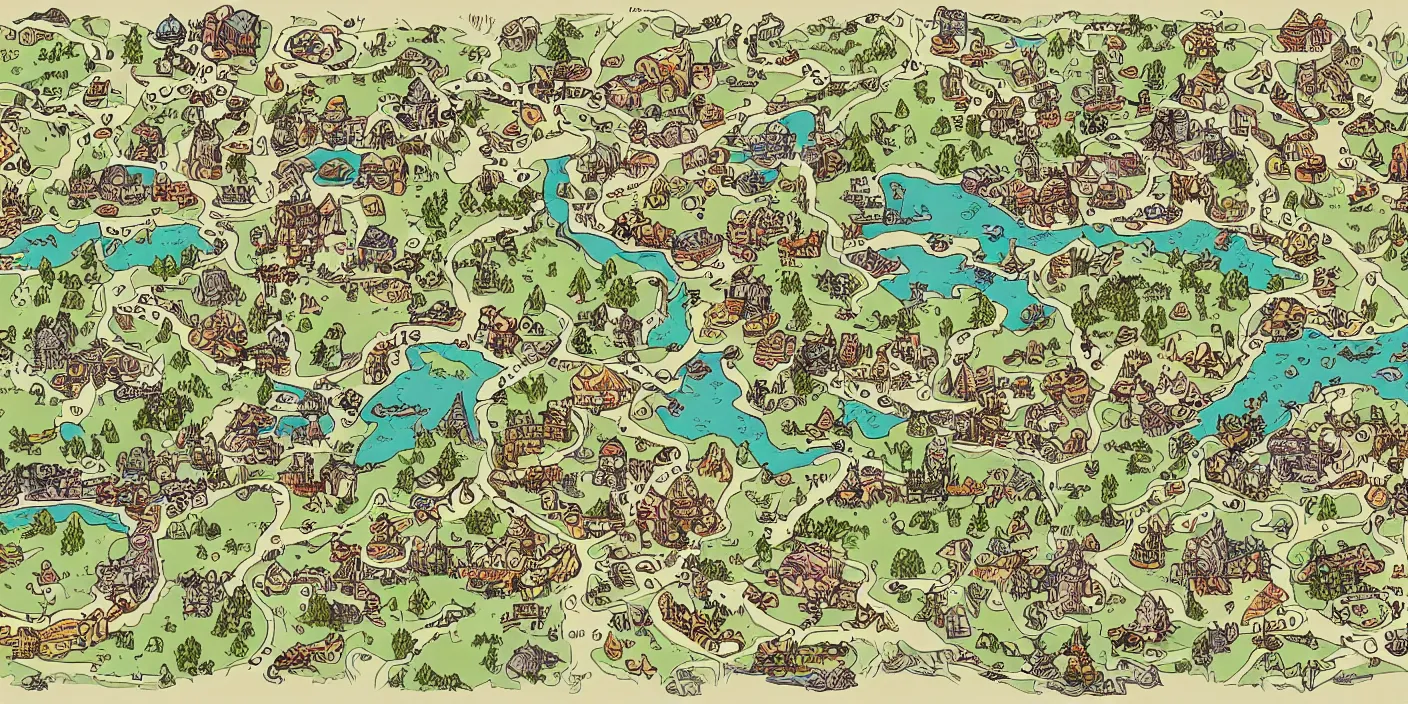 Prompt: a rpg map with random colored regions detailed, flat vivid colors and strokes illustrated by Mattias Adolfsson