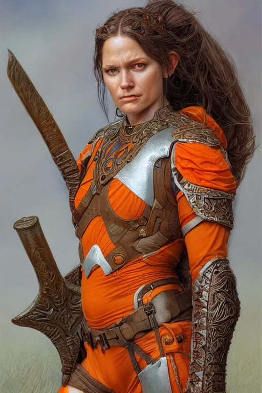 Image similar to full - body portrait of a ranger, female, white and orange breastplate, magical, high fantasy, d & d, by donato giancola, face details, extremely detailed, digital illustration