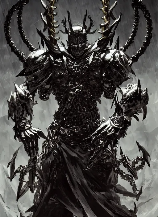 Image similar to scary demon man with twisted face, horns, white skin, armour made of golden ornate chains. in style of yoji shinkawa and hyung - tae kim, trending on artstation, dark fantasy, great composition, concept art, highly detailed, dynamic pose.