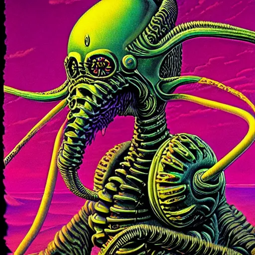 Image similar to thrash metal album cover in the style of wayne barlowe and kenny scharf and philippe druillet, realistic, insanely detailed, intricate, smooth, airbrush, play-doh