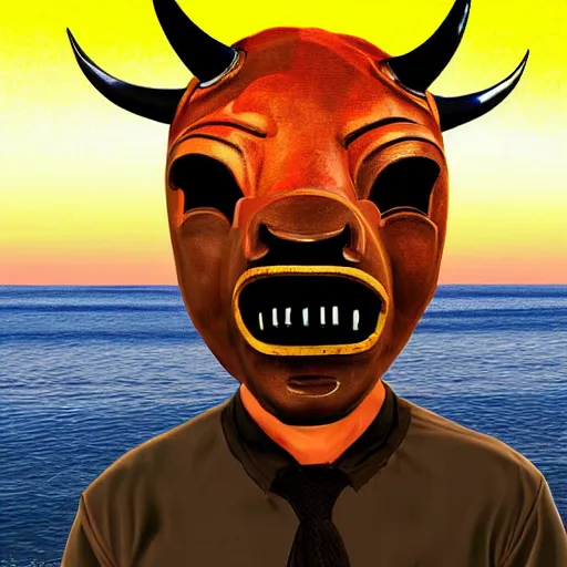 Prompt: human wearing a bull mask in the style of gta v artwork, digital art, sunset, sharp focus, classical painting, beach