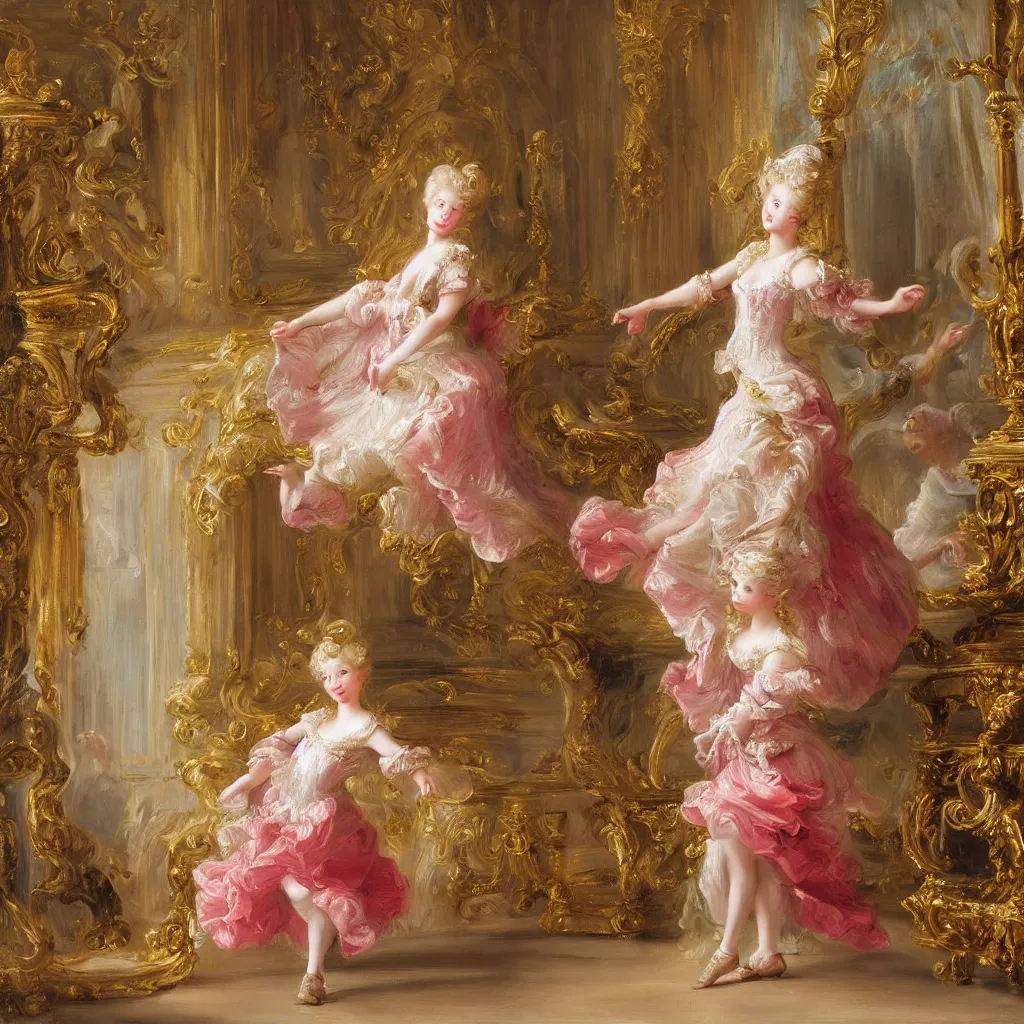 Image similar to a young girl with blond hair danced in the splendid palace, palace dance, dress in the style of rococo, dreamy, romantic, night lighting, highly detailed, expressive impressionist style, 8 k