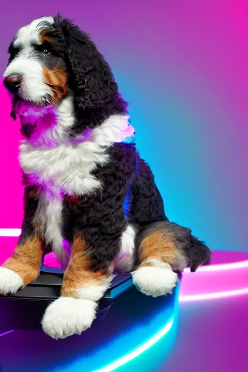 Prompt: a cute bernedoodle puppy sitting in gaming chair + neon rgb light strips, large computer monitor, space themed walls, vaporwave, dramatic, confident, rule of thirds, 4 k, award winning, octane render, volumetric lighting