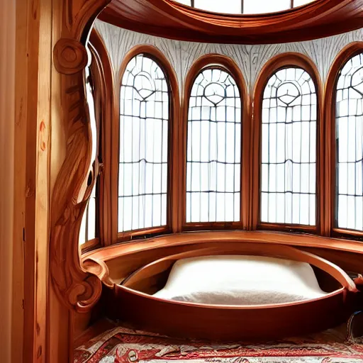 Image similar to a art nouveau bedroom with a circular window and wall with warms tones, highly detailed, photo, wood columns