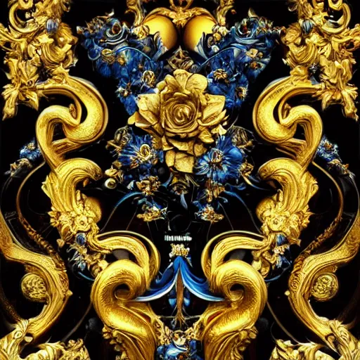 Image similar to black blue yellow porsche 9 1 1, complicated gold and blue flowers the baroque style decoration, dark fantasy, intricate, elegant, highly detailed, digital painting, artstation, concept art, matte, 3 d 8 k octane rendered, sharp focus, illustration, octane rendered, art by artgerm