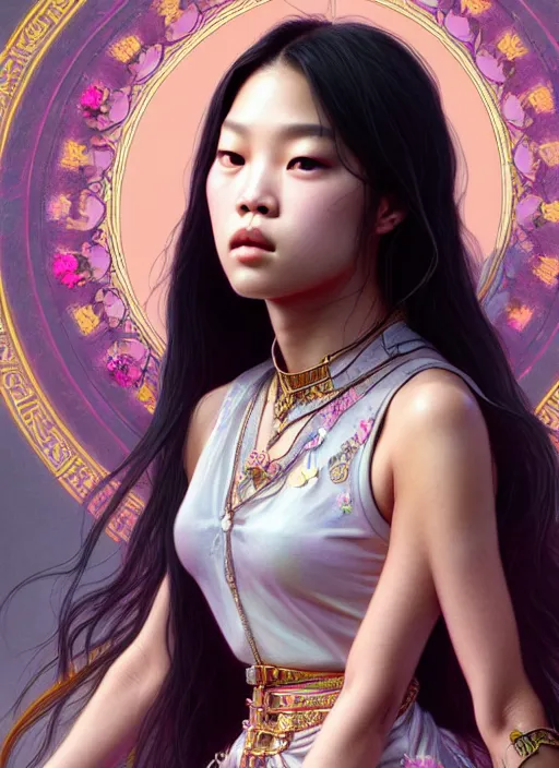 Prompt: jennie kim of blackpink, queen, tarot card, highly detailed, digital painting, smooth, sharp focus, illustration, ultra realistic, unreal engine, 8 k, art by simon bisley and greg rutkowski and alphonse mucha